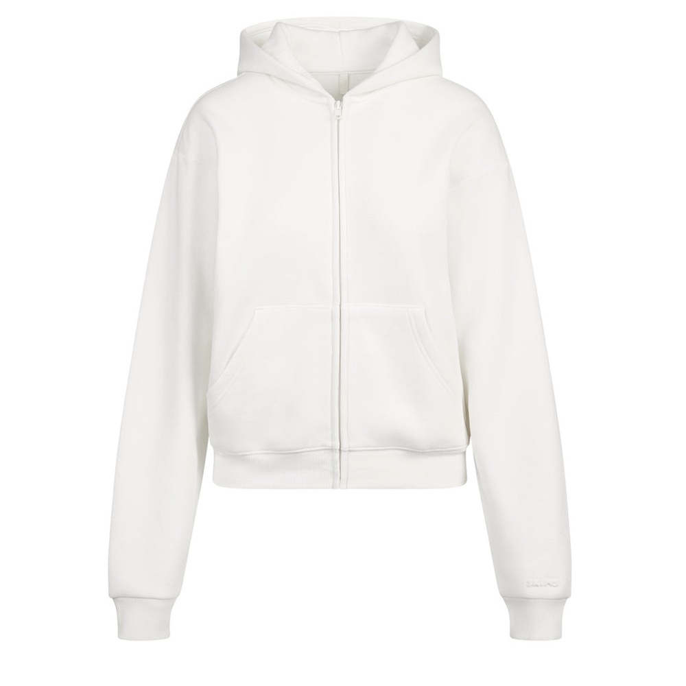SKIMS WHITE COTTON FLEECE CLASSIC ZIP UP HOODIE in Marble